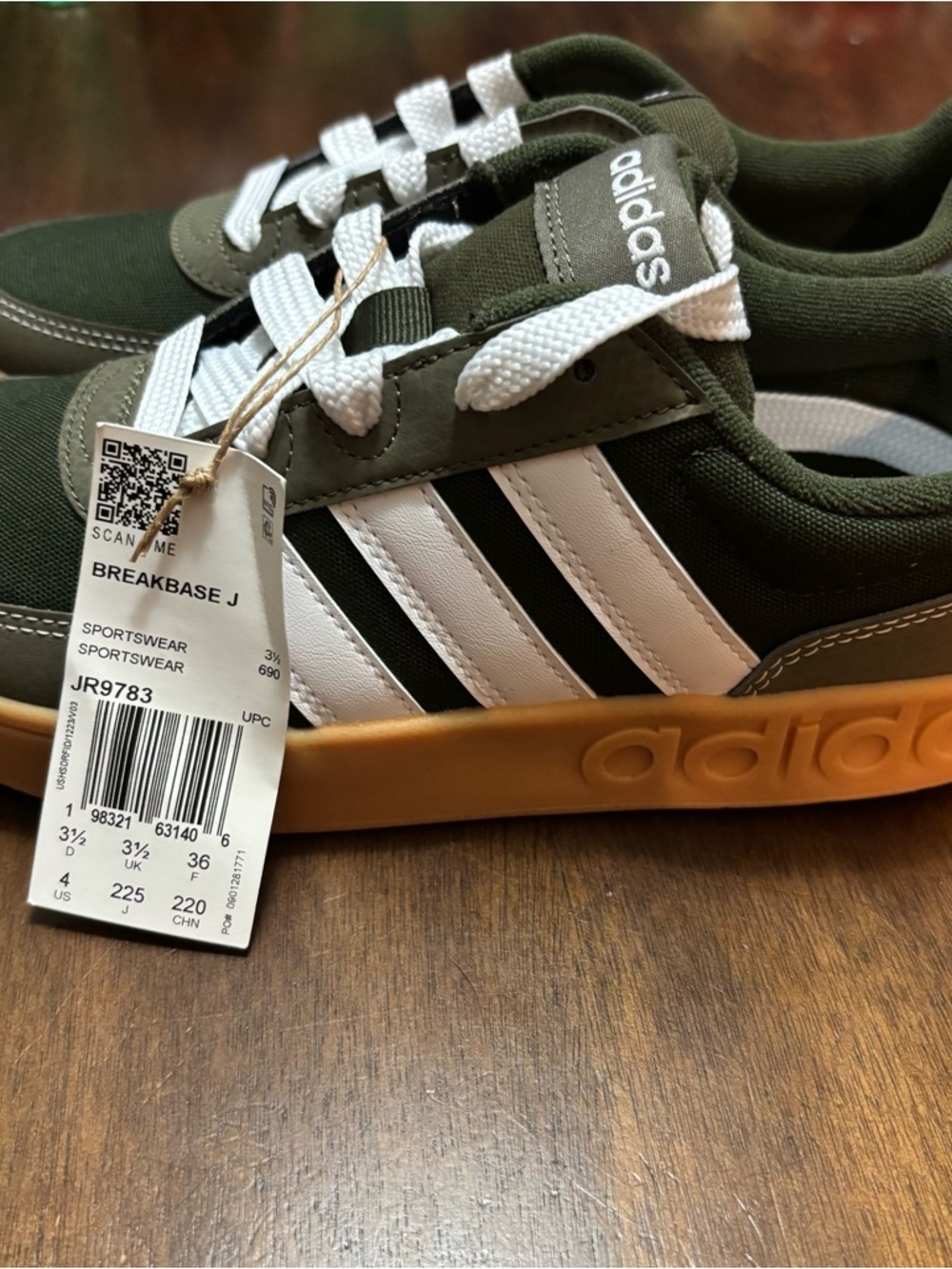 adidas Olive Green Low-Top Sneakers with White Stripes and Gum Sole - Picture 8 of 8